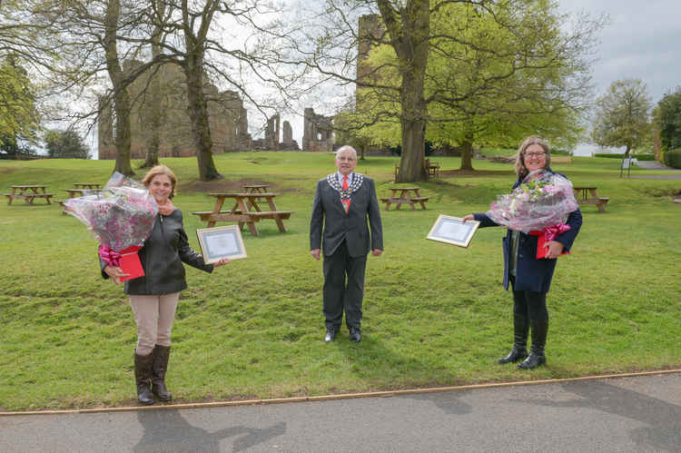 Pauline Hayward (left) and Helen Braithwaite (right) receive their awards from Mayor of Kenilworth Cllr Richard Dickson