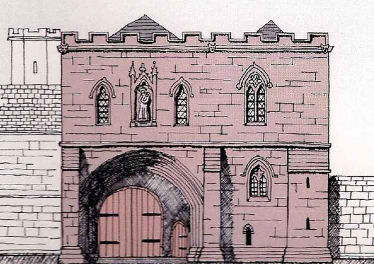 An artist's impression of the gatehouse before the dissolution (Image vis HSMP)