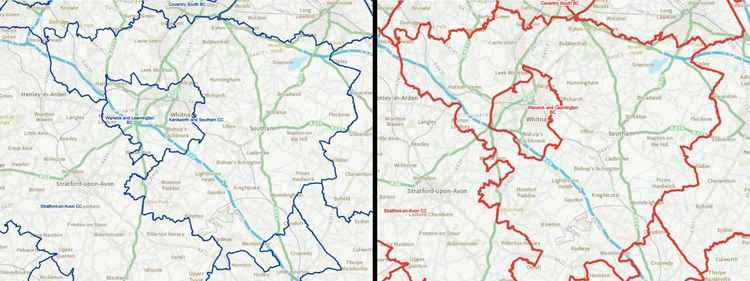 The current Kenilworth and Southam Constituency is in blue (left), and the proposed changes in red (right)