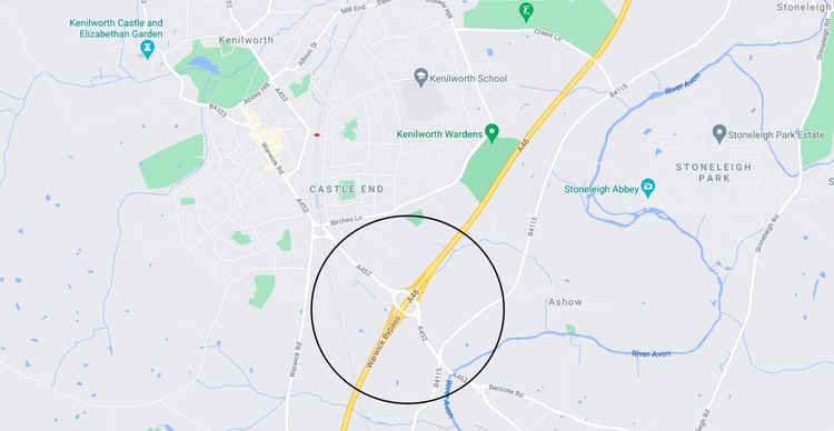 The Thickthorn Roundabout (circled) is the interchange between the A46 and the A452 (Image via google.maps) The Thickthorn Roundabout (circled) is the interchange between the A46 and the A452 (Image via google.maps)