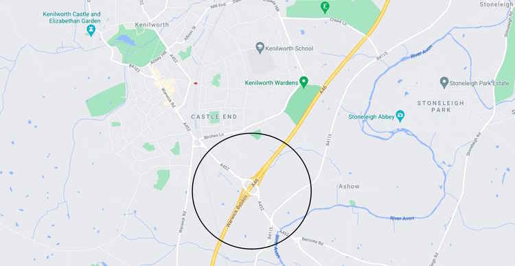 The Thickthorn Roundabout (circled) is the interchange between the A46 and the A452 (Image via google.maps)