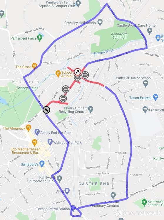 Road closures are shown in red, with diversions in purple (Image via google.maps)