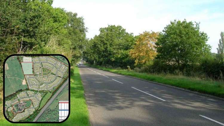 The 620 houses will be built east of Glasshouse Lane, behind the Woodside Hotel and the new school (Image by David P Howard via geograph https://www.geograph.org.uk/photo/2077545 and via planning application)