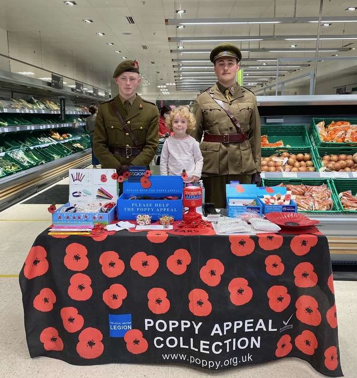 Sophie with re-enactment soldiers in Waitrose from the Royal Warwickshire Regiment Re-enactment Group