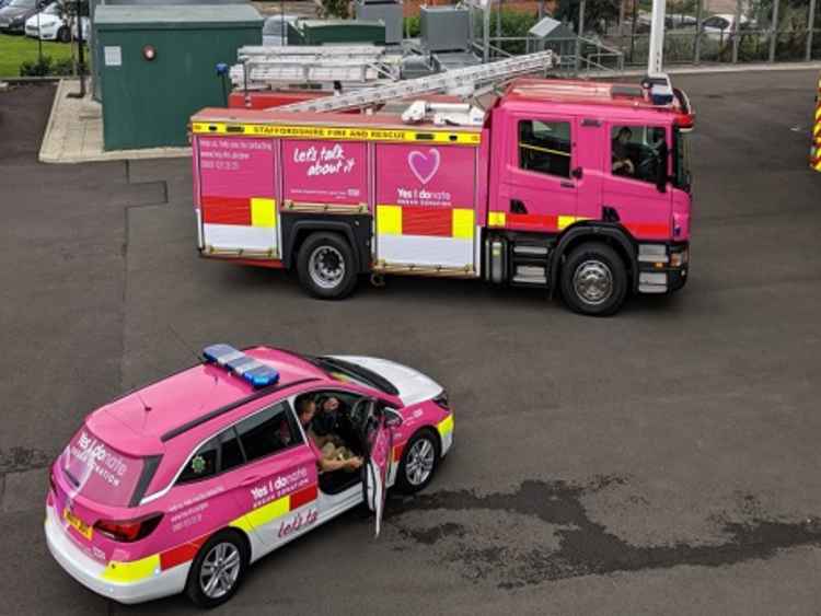 Pink fire engine and car launched at Burton Fire Station in 2019