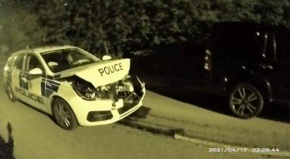 The police car was driven into by the stolen vehicle. Photo: Swadlincote SNT