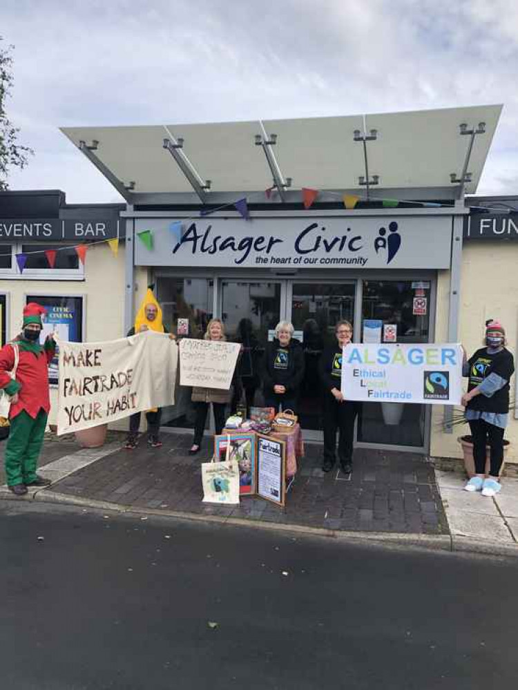 From left, Cllr Phil Williams (ELF), Tony Smith (Banana), Sandra Moores, Margaret Keeling (chair of Alsager Fairtrade Steering Group), Cathie Smith and Cllr Sue Helliwell