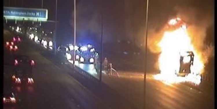 The lorry on the southbound M1 was 'well alight'. Photo: Highways England