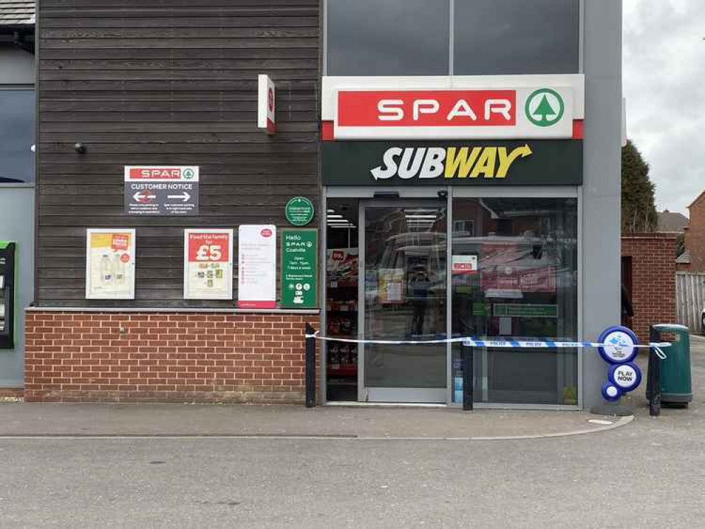 The Spar store in Coalville was taped off by police after last weekend's incident. Photo: Coalville Nub News
