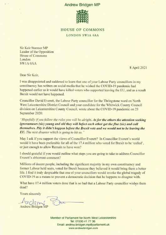 This is the letter written by Mr Bridgen. Image: Andrew Bridgen Twitter account