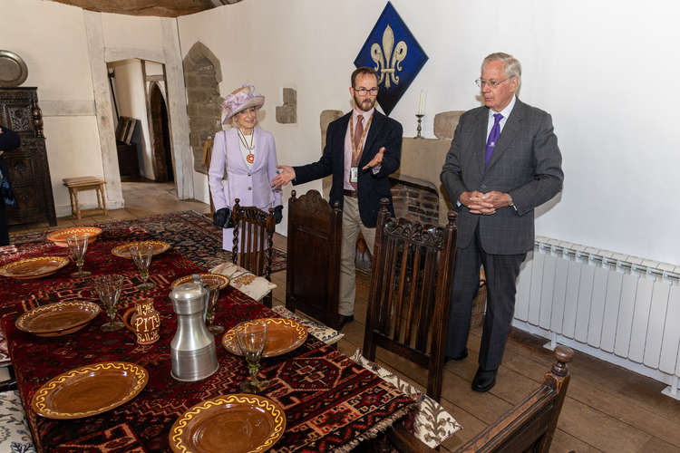 HRH The Duke of Gloucester and Deputy Lord Lieutenant of Leicestershire Rosemary Conley CBE are shown the 1620s House by Richard Knox, Access and Interpretations Manager at Leicestershire County Council