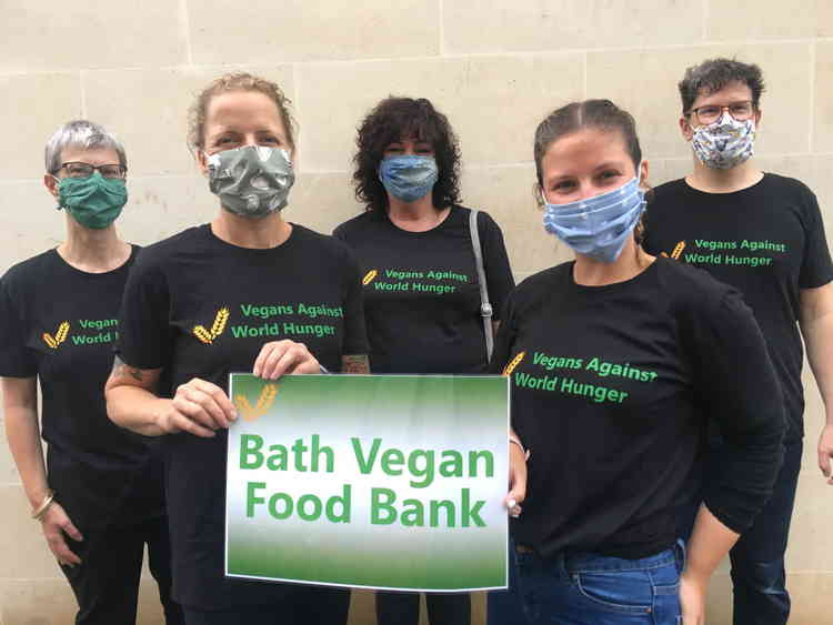 Bath Vegan Food Bank volunteers Ruth Malloy, Jude Piper, Alison Young, Alex Duarte-Davies and Julian Wilkinson. Submitted. Permission for use by all