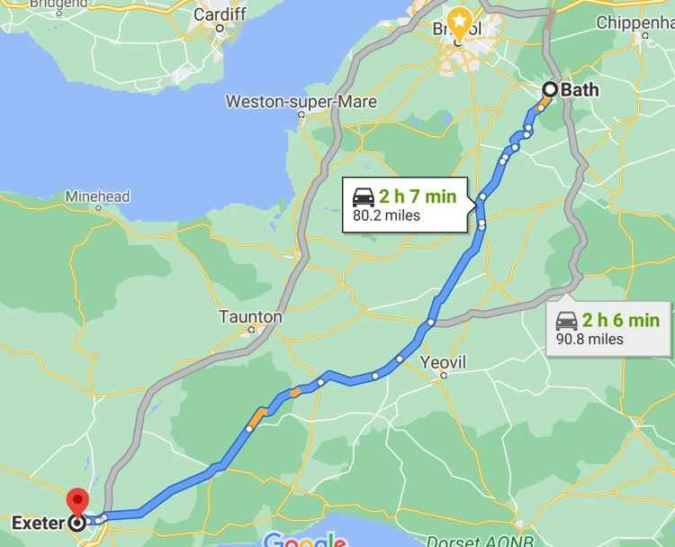 Bath to Exeter. Google Maps. Permission for use by all partners.