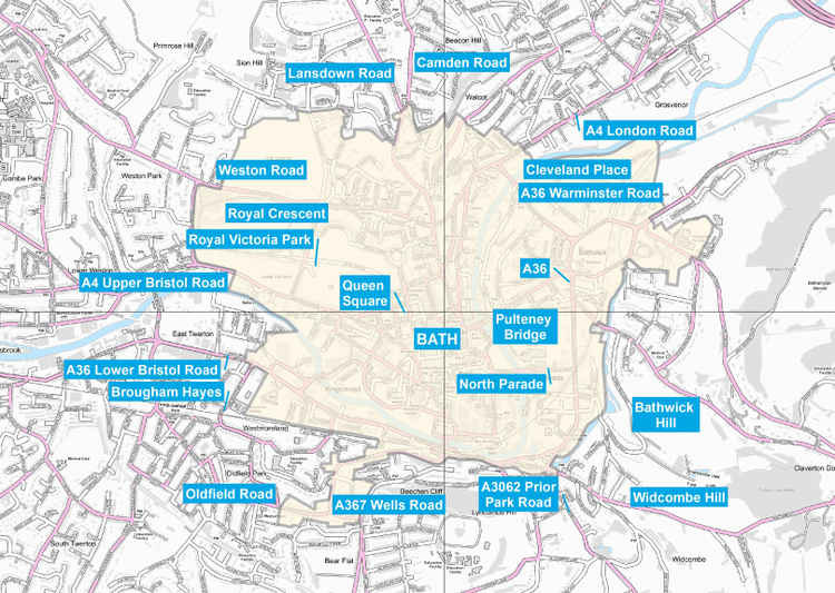 The boundary of Bath's proposed clean air zone in the final business case. B&NES Council. Permission for use by all partners.