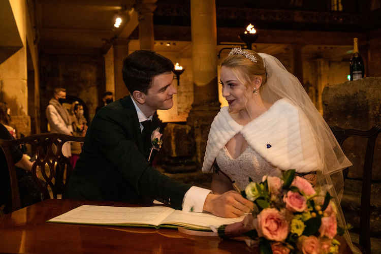 Tying the knot just in time Mr and Mrs at the Roman Baths : Photo Credit  Memories Made Photography.