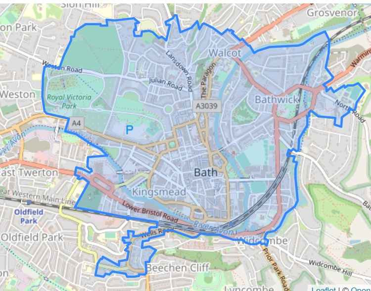 A map of Bath's clean air zone. OpenStreetMaps. Permission for use by all partners.