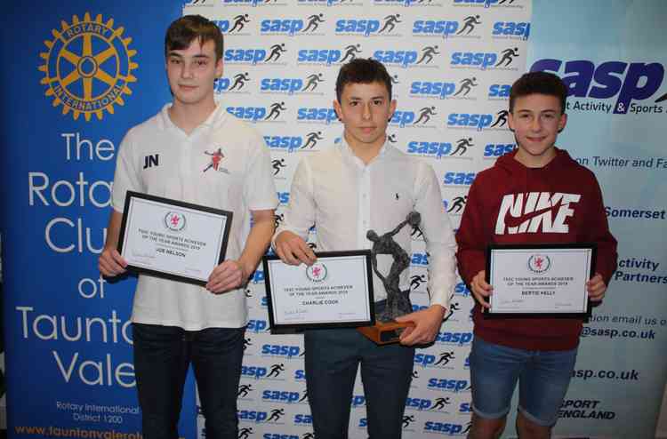 Charlie Cook (centre) is announced as TS5C Young Sports Person of the Year. Joe Nelson (left) and Bertie Kelly both received Outstanding Achievement Awards