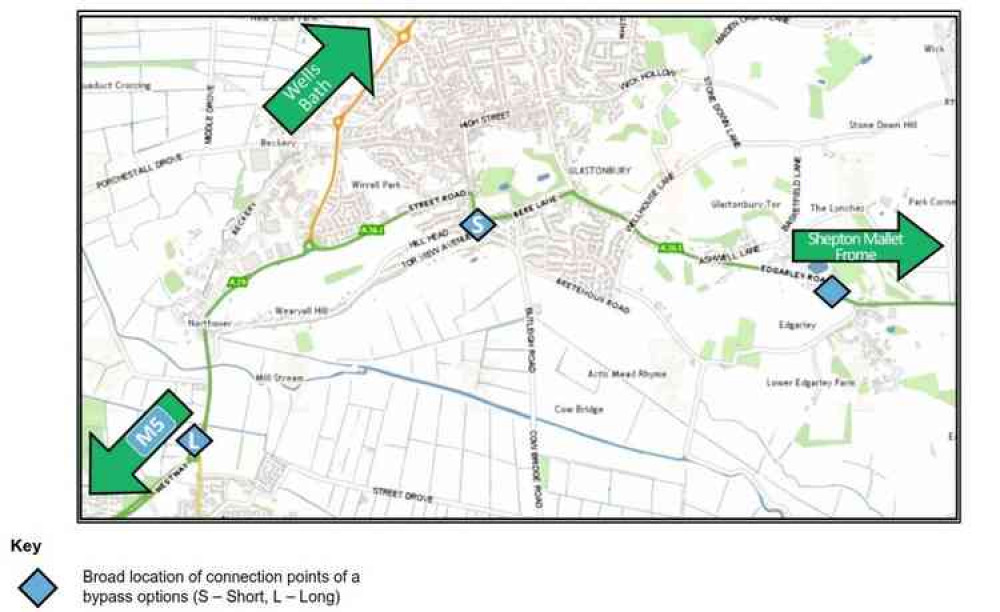 Possible locations of A361 and A39 Bypass at Glastonbury (Photo: Peninsula Transport Shadow Sub-National Transport Body/Somerset County Council)