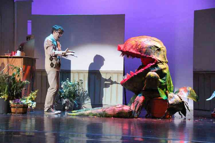 Audrey II plant speaks for the first time to Seymour, played by Jacob Sparks