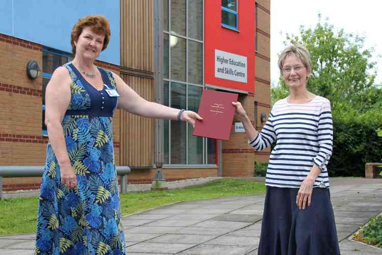 Maggie Burridge with Wendy Cavill (senior Higher Education administrator) outside Strode College's Higher Education and Skills Centre
