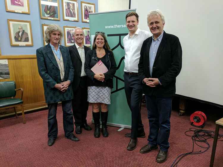 Group photo taken at a meeting at Glastonbury Town Hall to establish a bank in the South West in October 2017 with Paul Manning pictured on the left