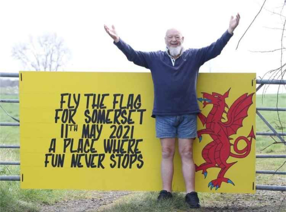 Somerset Day patron Michael Eavis flying the flag for Somerset at Worthy Farm