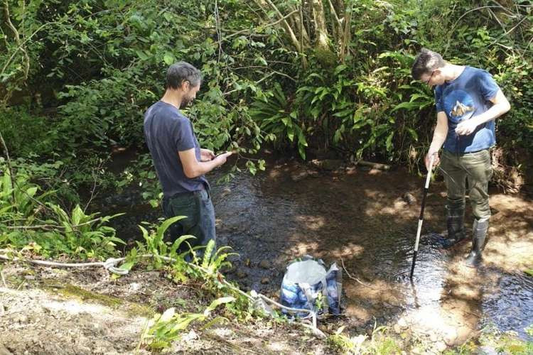 Dan Aberg and Tim Banton collecting water samples in the Whitelake river, while nearby, festival goers had been enjoying the Glastonbury Festival back in 2019 (Photo: Karin Aberg)