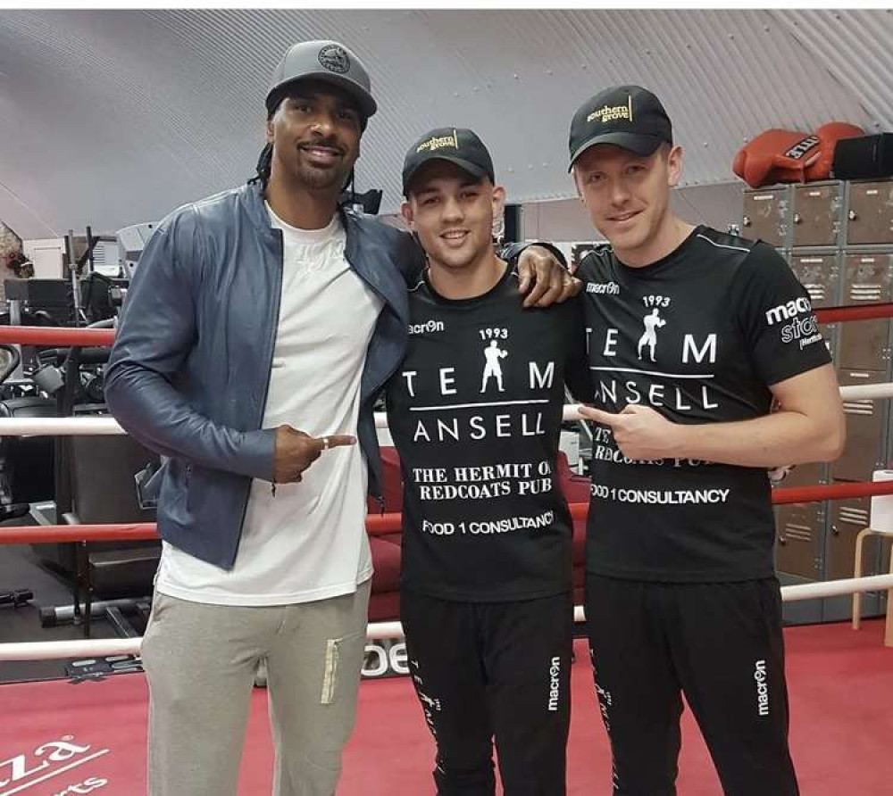 Letchworth: Highly-rated Tom Ansell gears up for first fight since before lockdown as title tilt nears. PICTURE: Tom with his hugely-respected trainer Tony Pill and former WBA heavyweight champions of the world, David Haye. CREDIT: Tom Ansell Instagram