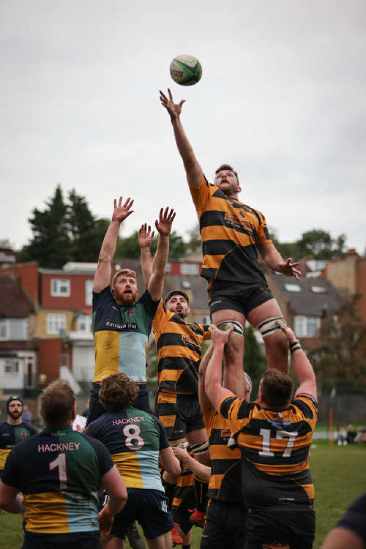 Liam Fitts (captain) and Joe Alison competing for a line out throw. CREDIT: Mike Waters @majwaters