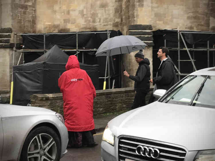 Matthew Goode with Teresa Palmer (in red rain jacket) at Wells Cathedral