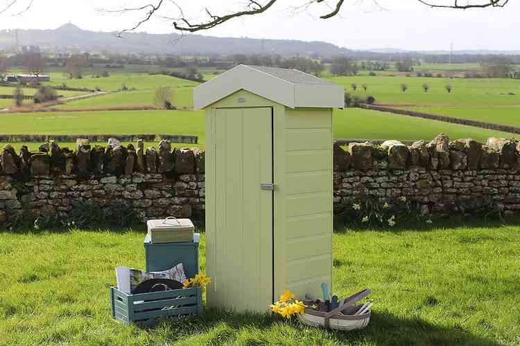 Rhyne Green Wood Paint on shed with Glastonbury Tor in the background