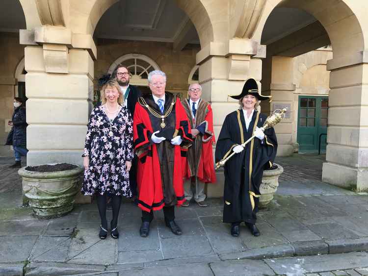 Philip Welch and dignitaries outside of Wells Town Hall