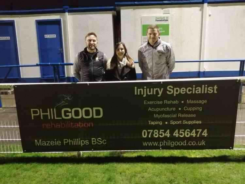 Former Wells City joint managers Nathan Truckle and Tom Clifford-Jones with one of the club's sponsors Mazeie Phillips