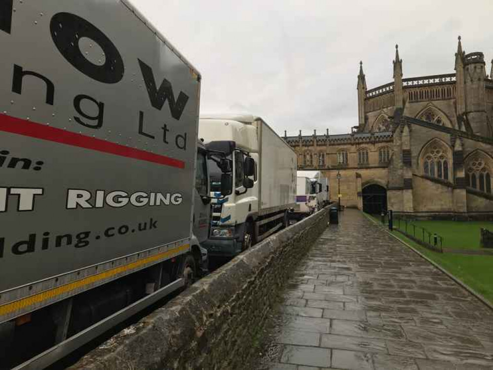 Filming trucks in Wells pictured here in 2019 during the production of A Discovery of Witches