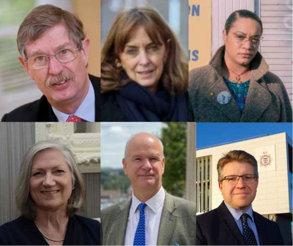 Incumbent PCC Sue Mountstevens (top middle) with candidates Kerry Barker (Labour), Cleo Lake (Green), Heather Shearer (Lib Dem), Mark Shelford (Conservative) and John Smith (Independent)