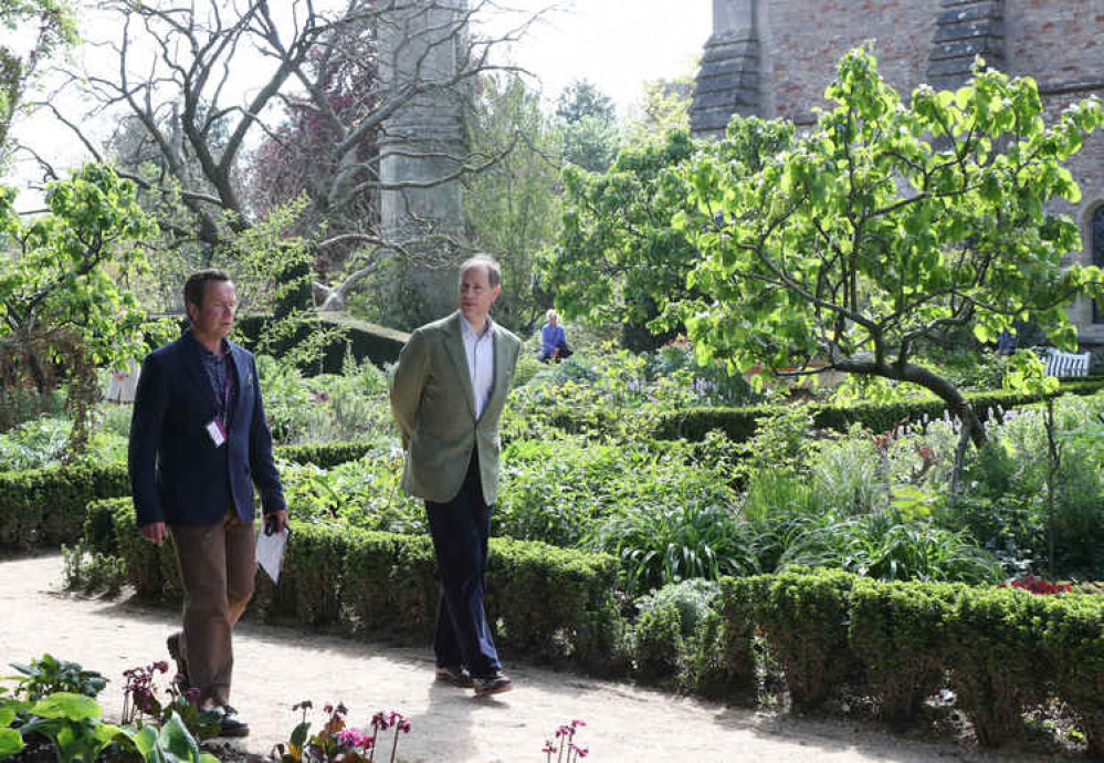 HRH The Earl of Wessex and Bishop's Palace head gardener James Cross earlier today