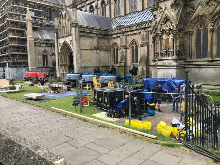 Film crews setting up around Wells Cathedral