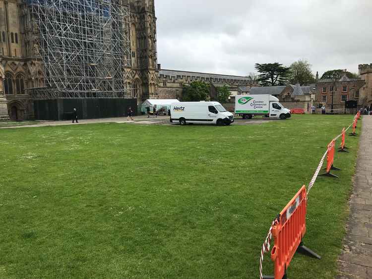 Film crews setting up around Wells Cathedral