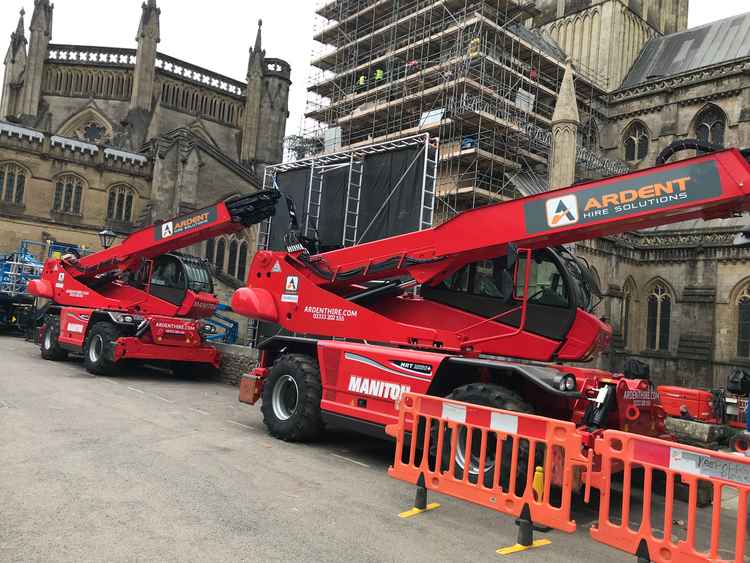 Film crews setting up around Wells Cathedral