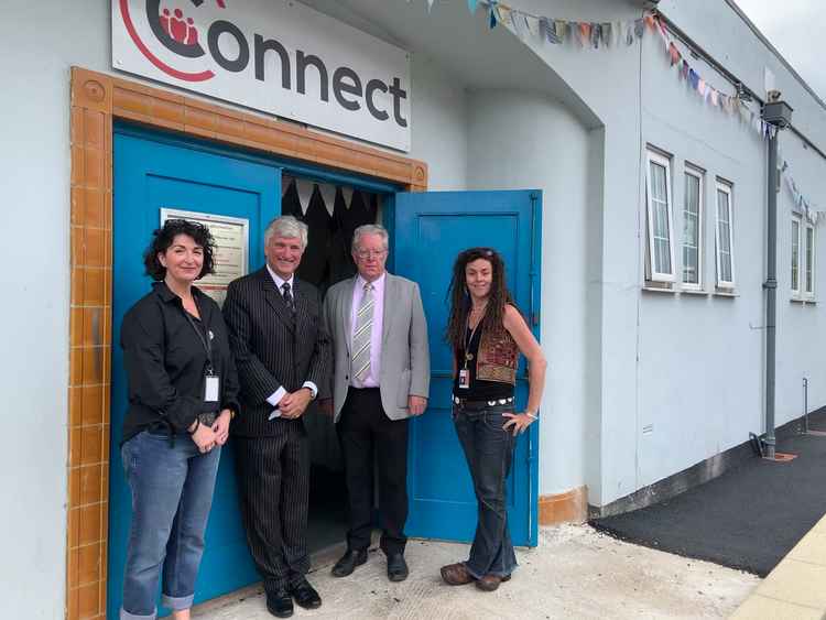 Sharon Edmonds, the High Sheriff, the mayor and Rachel Inman outside at the Connect Centre on Portway