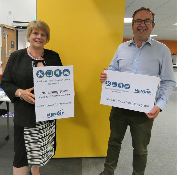 Boost for business – leader Cllr Ros Wyke and deputy leader Cllr Barry O'Leary of Mendip District Council launch new business revitalisation grant at Cabinet meeting on Monday