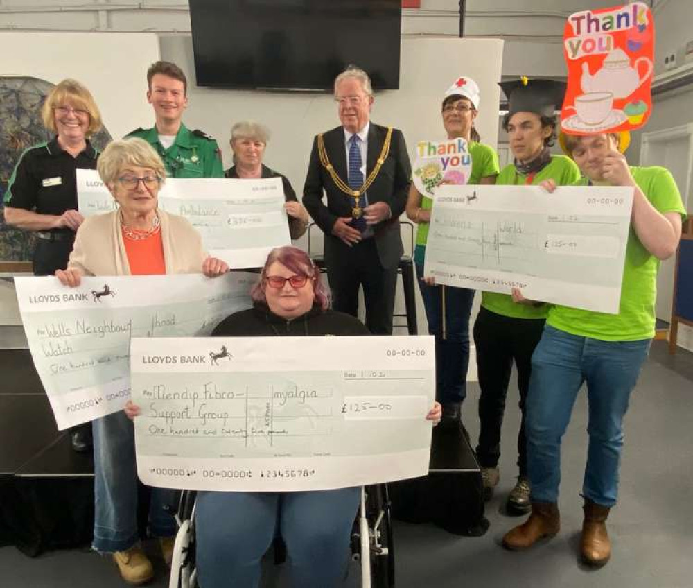 The four community groups with their SOUP cheques which were presented by Wells Mayor Philip Welch