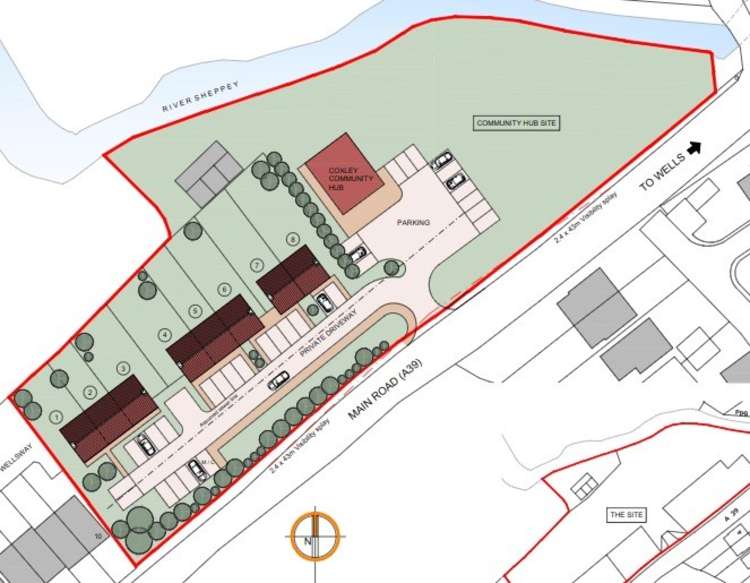 Plans for eight homes and community hub at The Pound Inn site on the A39 Main Road in Coxley (Photo: Collier Reading Architects)