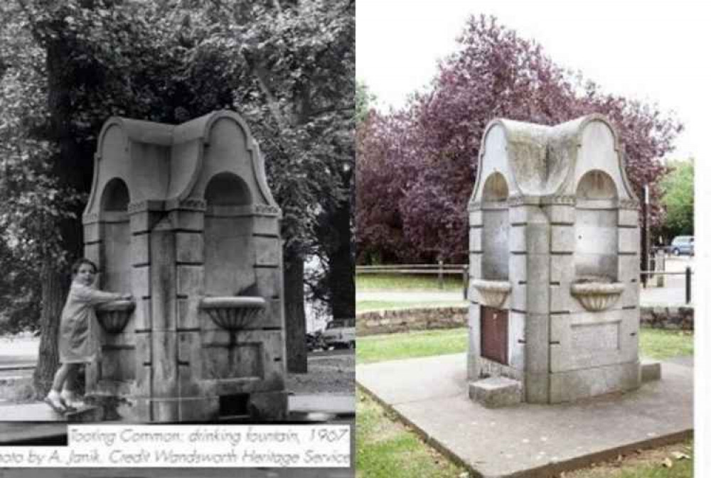 The Tooting Common fountain in 1967 and the newly restored fountain