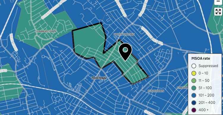 Heatmap showing coronavirus cases in Tooting and beyond.