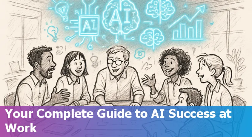 Illustration of AI Essentials for Work guide with AI icons and learning elements for 2025.