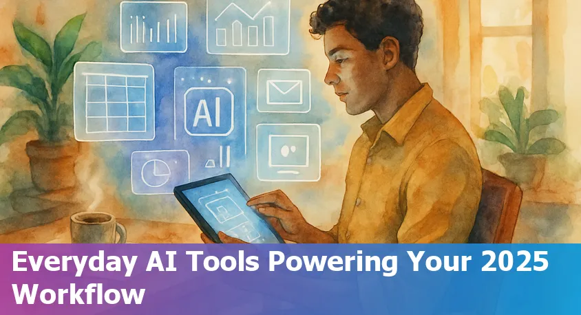 Illustration of everyday AI tools like email assistants, content creators, and scheduling apps used in 2025