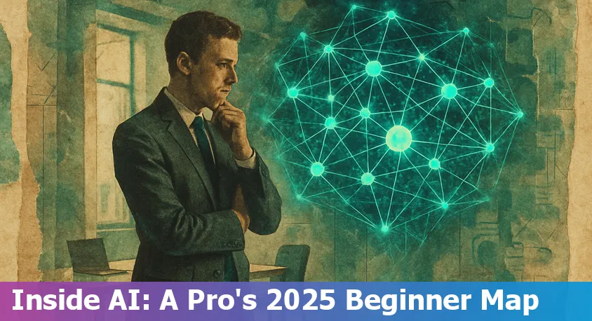 Illustration showing how AI works for beginners in 2025 with key concepts and professional applications