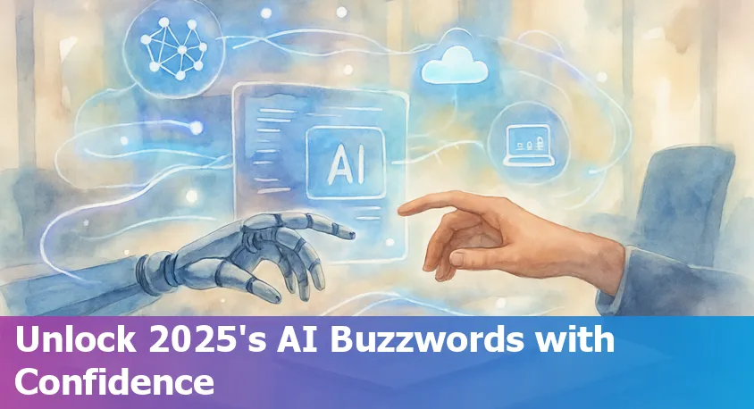 Illustration showing top 10 AI buzzwords in 2025 with icons representing each concept