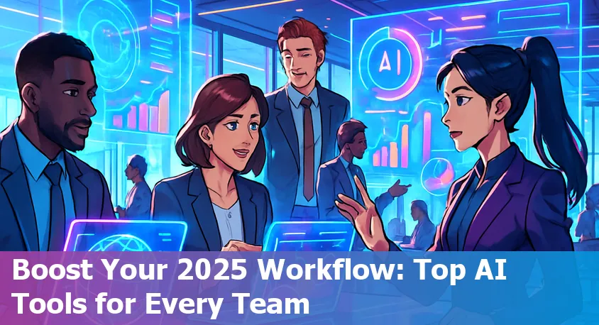 Illustration showing AI tools connected to sales, marketing, HR, and productivity in 2025